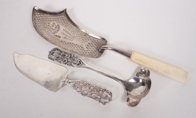 Appraisal: Three silver table articles including ivory handled fish slice sterling