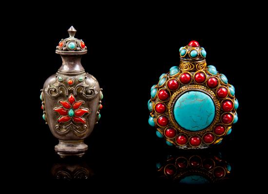 Appraisal: Sale Lot Two Tibetan Coral and Turquoise Inset Snuff Bottles