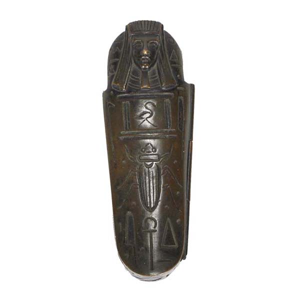 Appraisal: Egyptian sarcophagus bronze match holder with strike on inner hinged