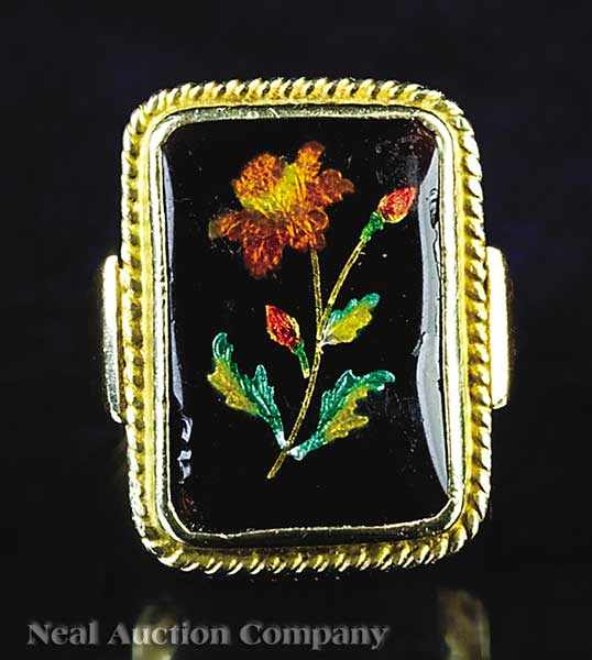 Appraisal: A kt Yellow Gold Ring with enameled flower on black