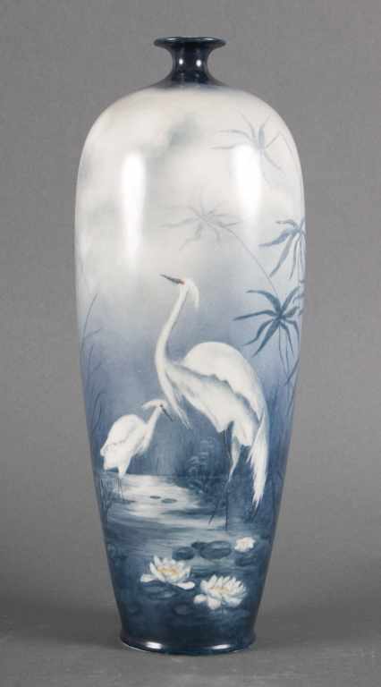 Appraisal: American Belleek painted porcelain vase early th century meandering heron