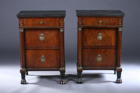 Appraisal: PAIR FRENCH EMPIRE WALNUT MARBLE-TOP BEDSIDE COMMODES th century with