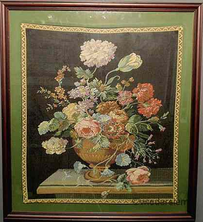 Appraisal: Framed floral panel tapestry th c Overall dimensions w frame