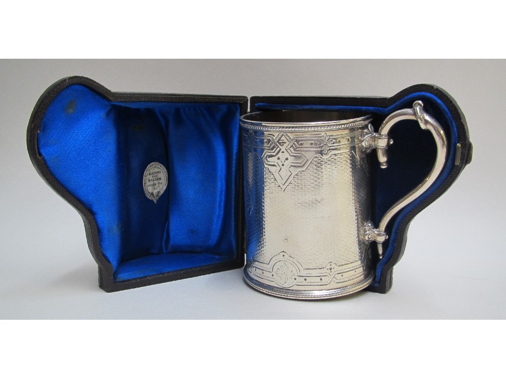 Appraisal: A Victorian silver engine turned christening mug inscribed with monogram