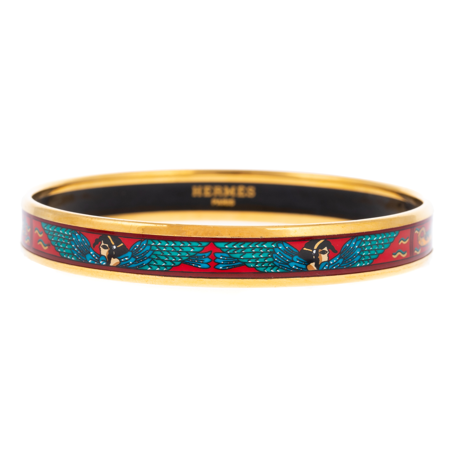 Appraisal: AN HERMES EGYPTIAN MOTIF ENAMEL BANGLE PM A red and