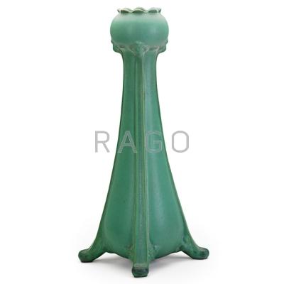 Appraisal: TECO Tall footed bulbous vase matte green glaze with charcoaling