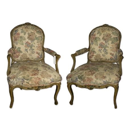 Appraisal: Pair of Louis XV Style Carved and Painted Fauteuils Estimate