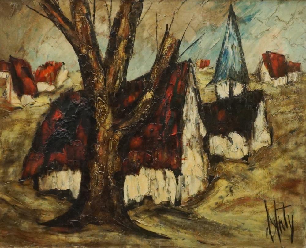 Appraisal: Henri D'Anty French - Red Roof Buildings Signed Indistinctly Oil