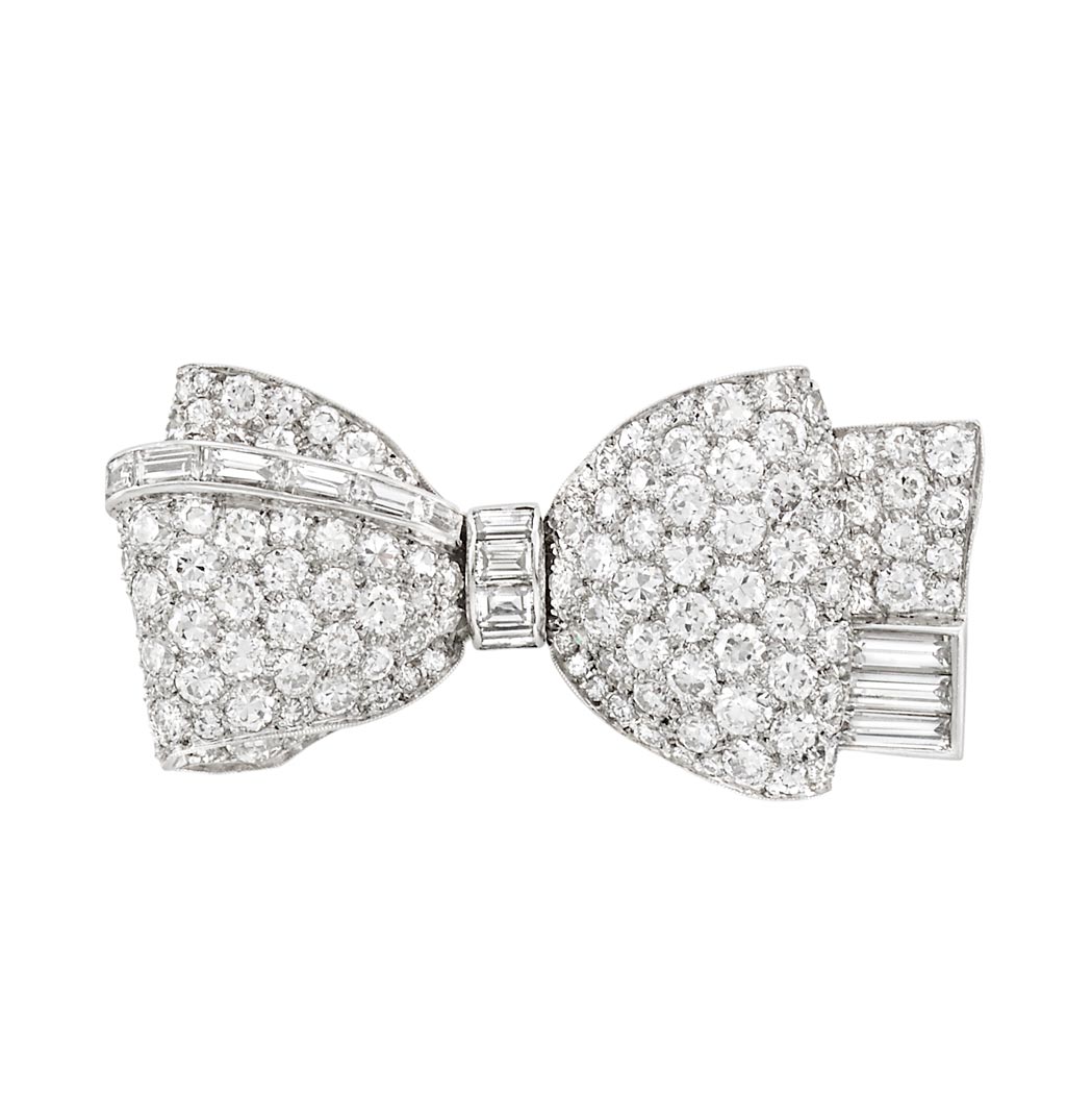 Appraisal: Platinum and Diamond Bow Brooch old-European single-cut baguette diamonds ap