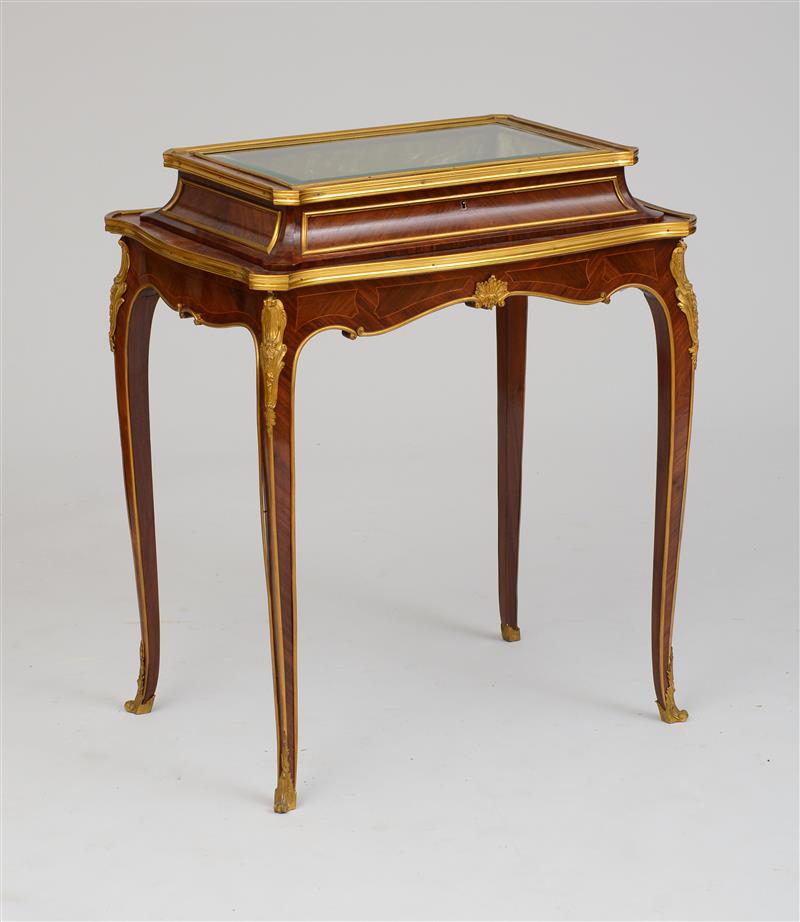 Appraisal: LOUIS XV STYLE GILT-BRONZE-MOUNTED KINGWOOD PARQUETRY VITRINE TABLE The top