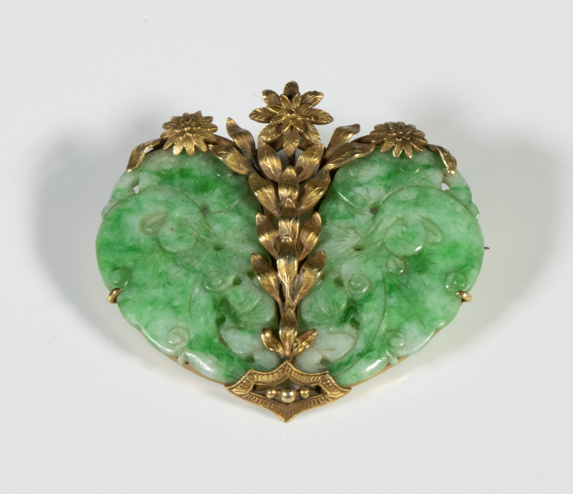 Appraisal: CHINESE JADE BROOCH k Gold Mounted Heart Shaped Brooch consisting