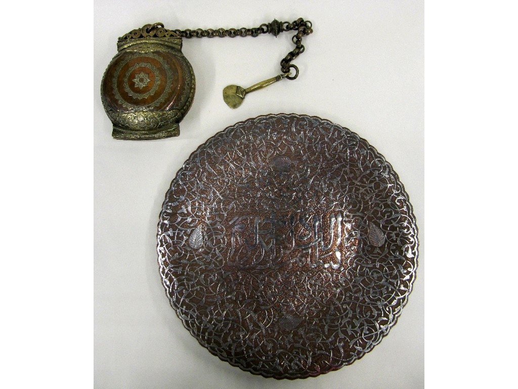 Appraisal: Persian copper plate with inlaid silver decoration and a brass