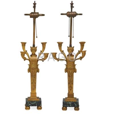 Appraisal: PAIR OF BRONZE CANDELABRA -light Herm form on marble bases