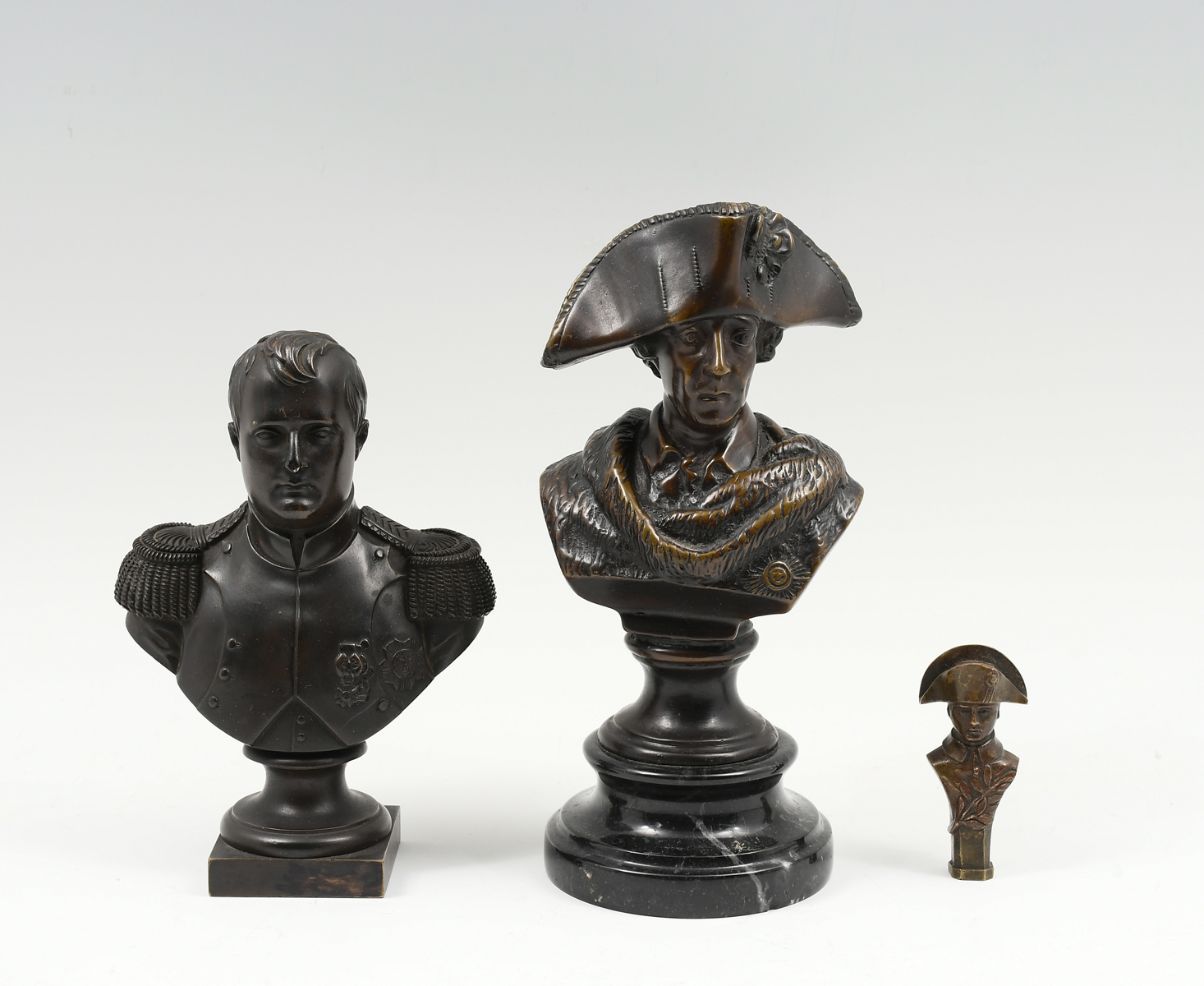 Appraisal: THREE PIECE NAPOLEON BRONZE LOT Bust of Napoleon mounted on