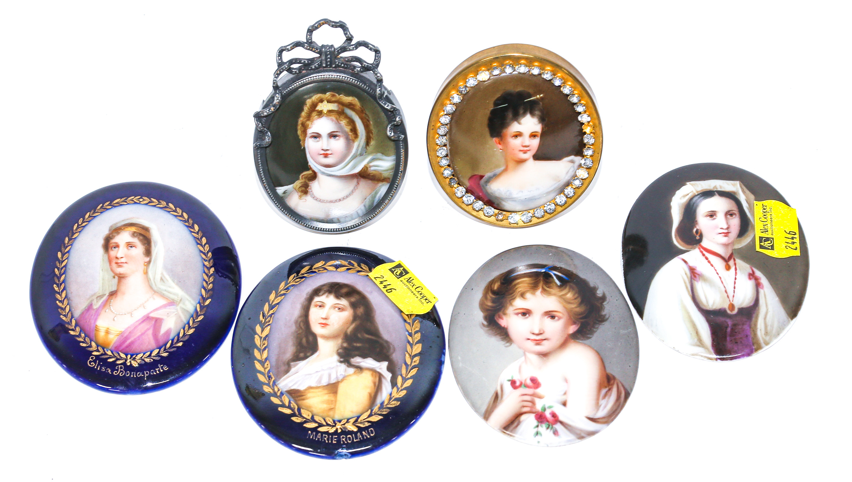 Appraisal: SIX MINIATURE PORTRAITS ON PORCELAIN Two framed to in H