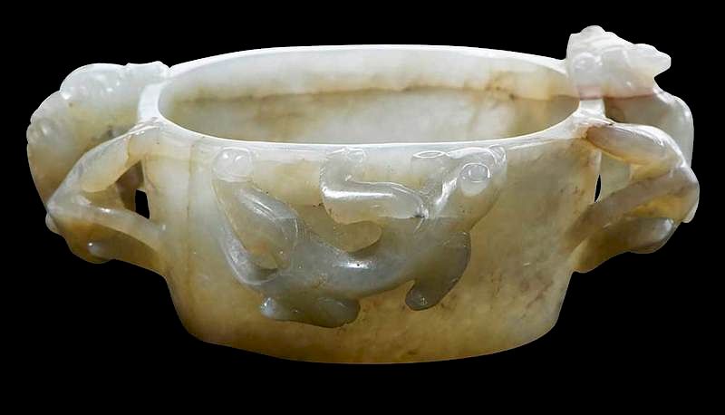 Appraisal: Jade Brush Washer with Chilongs and Script Chinese pale celadon