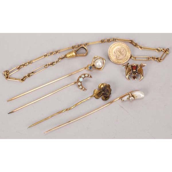 Appraisal: Six pieces Victorian gold jewelry stick pins with pearls diamonds