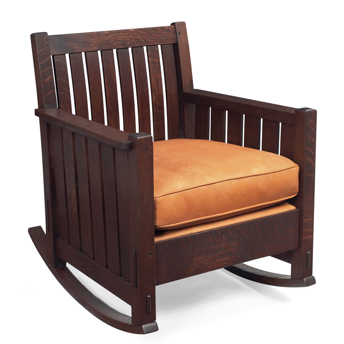 Appraisal: L JG Stickley rocker nice Prairie School design with curved