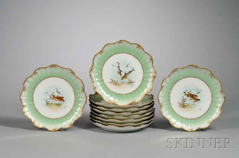 Appraisal: Set of Ten Limoges Gilt Transfer and Hand-painted Fish Decorated