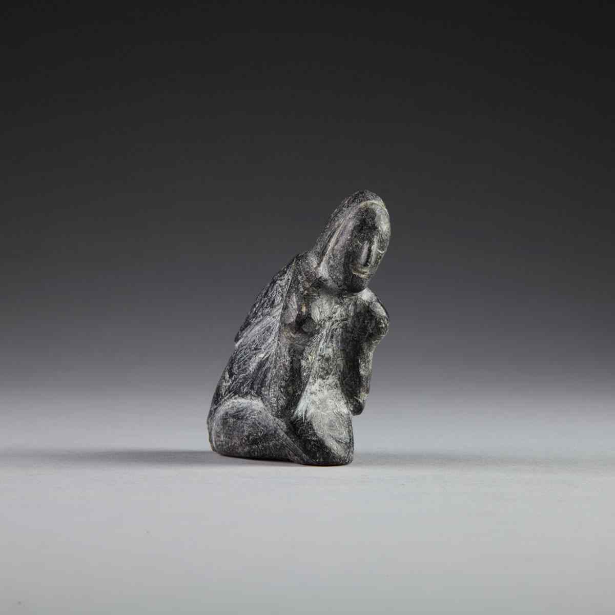 Appraisal: UNIDENTIFIED KNEELING INUIT FIGURE signed indistinctly in syllabics Medium stone