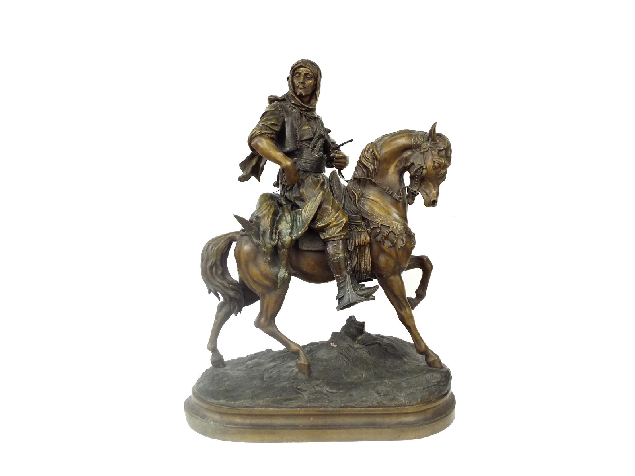 Appraisal: Good bronzed cast spelter character group of an Arabic huntsman