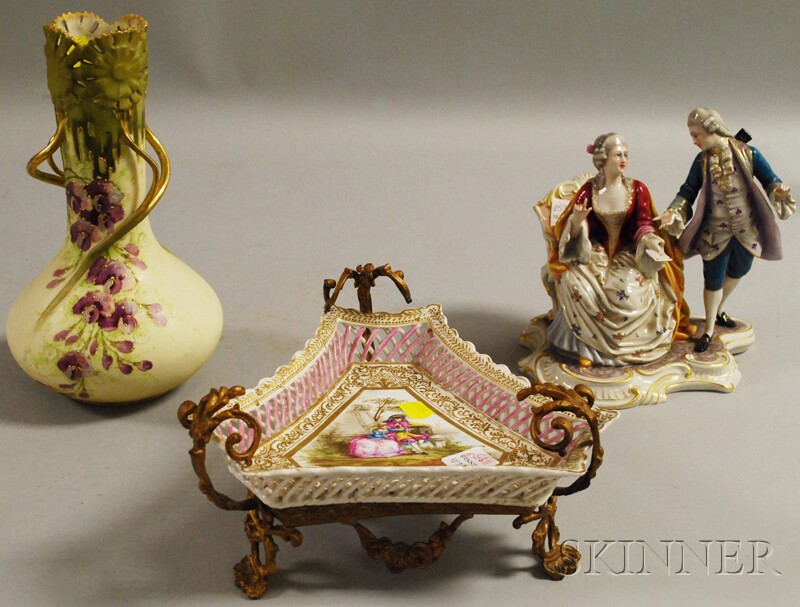 Appraisal: Three European Porcelain Articles a Sevres-style triangular gilt and hand-painted