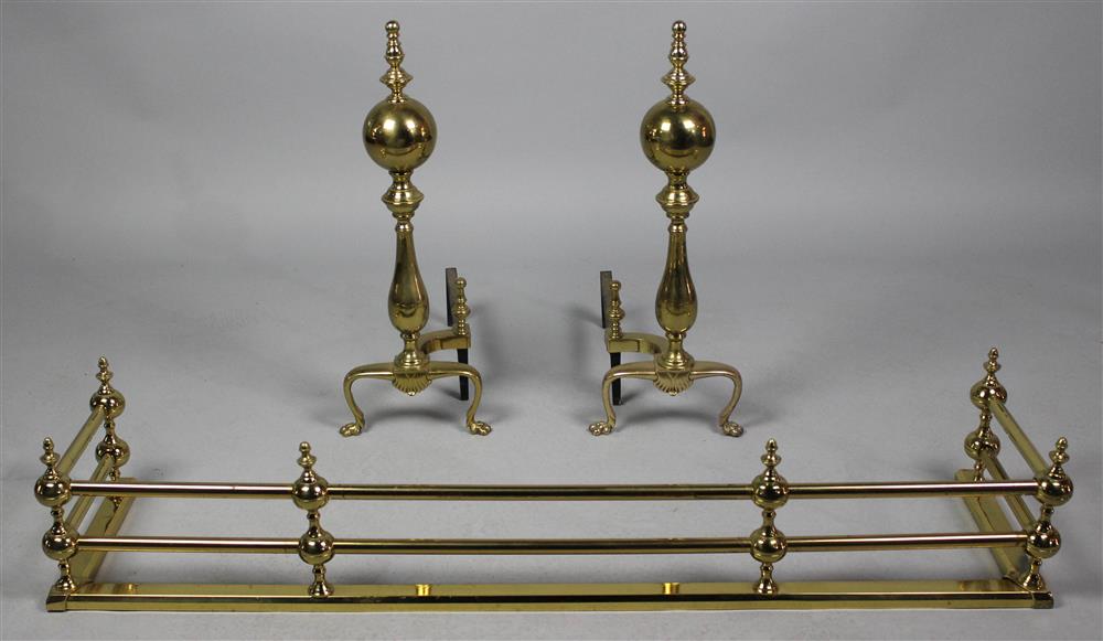 Appraisal: LARGE PAIR OF BALL TOP BRASS ANDIRONS AND FENDER the