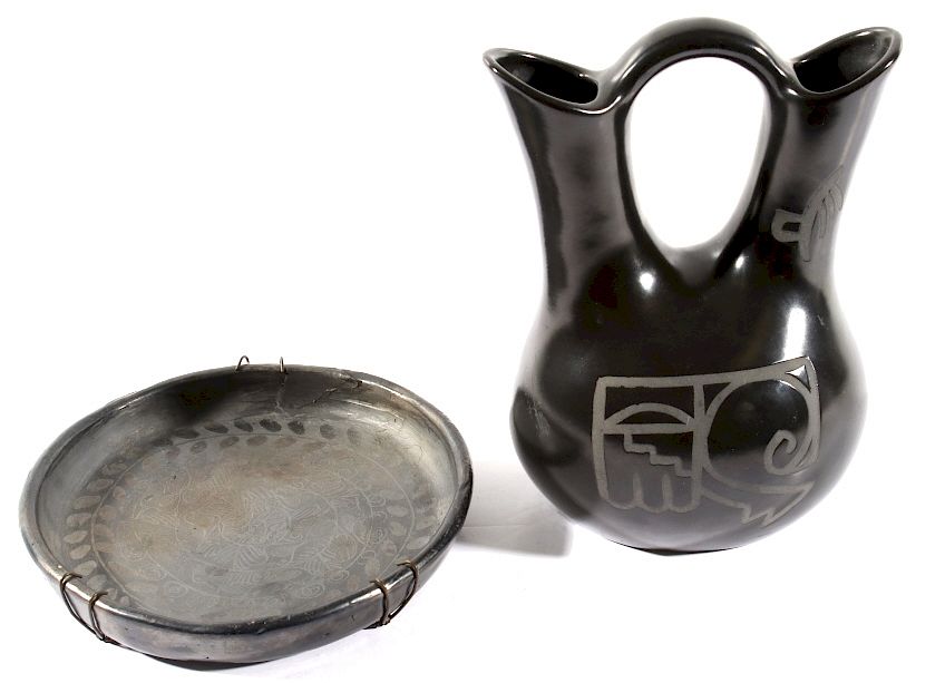 Appraisal: Oaxaca Black Pottery Dish Wedding Vase Included in this lot