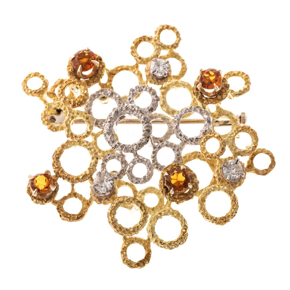 Appraisal: A K Modern Diamond Spessartite Garnet Brooch K yellow and