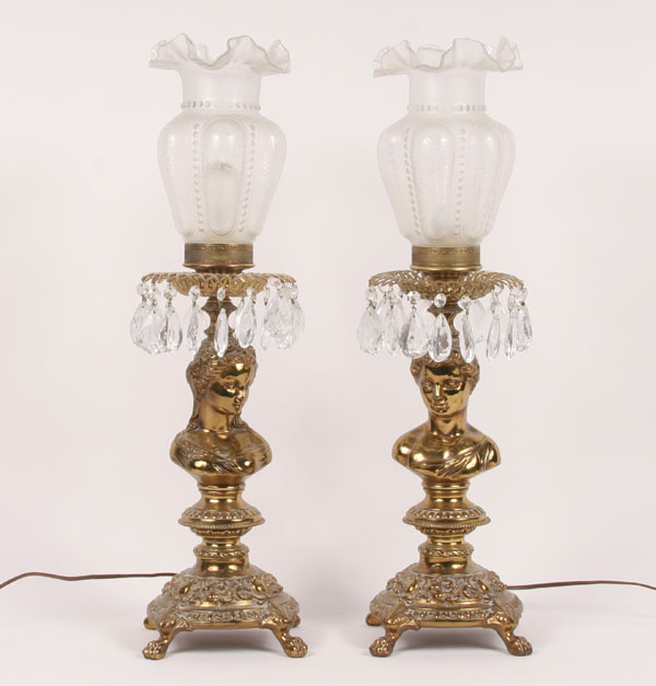 Appraisal: Pair Figural Brass banquet lamps male female busts ornate shade