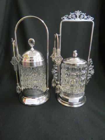 Appraisal: Victorian Silverplate Pickle Castors clear pattern glass inserts with tongs