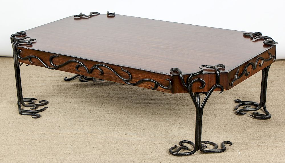 Appraisal: Modern Artisan Iron Decorated Wood Coffee Table Modern Artisan Iron