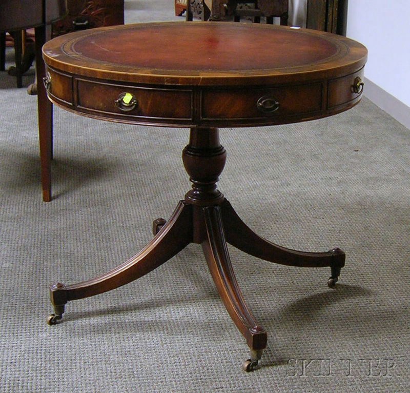 Appraisal: Georgian-style Inlaid Mahogany and Mahogany Veneer Pedestal-base Drum Table with