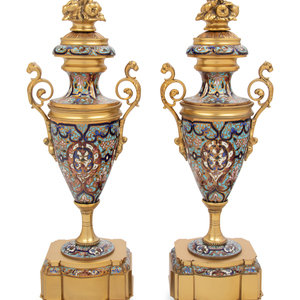 Appraisal: A Pair of French Gilt Bronze and Champlev Enamel Urns