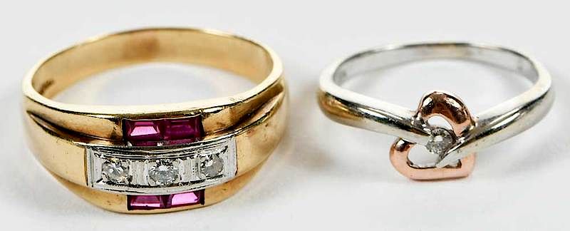 Appraisal: Two Gold and Gemstone Rings retro gentleman's band three round