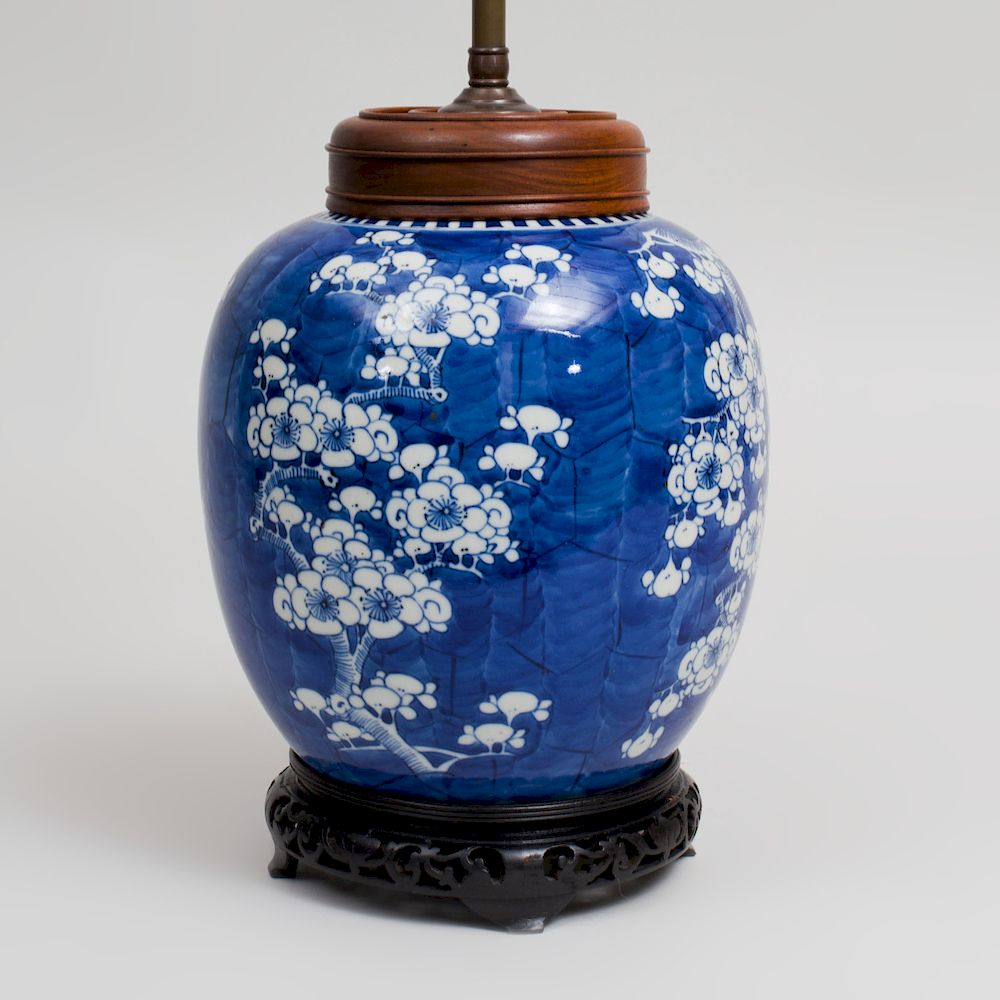 Appraisal: Chinese Blue and White Porcelain Ginger Jar Mounted as a