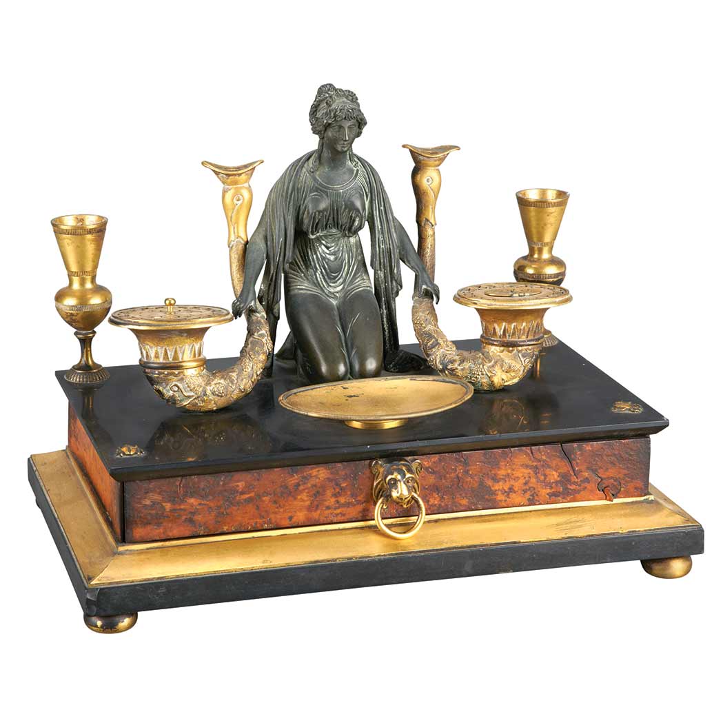 Appraisal: Empire Gilt and Patinated-Bronze Walnut and Marble Encrier Circa Cast