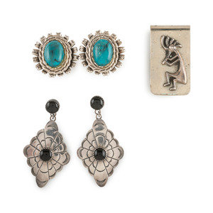 Appraisal: Navajo and Southwestern-style Silver Earrings and Money Clip third quarter