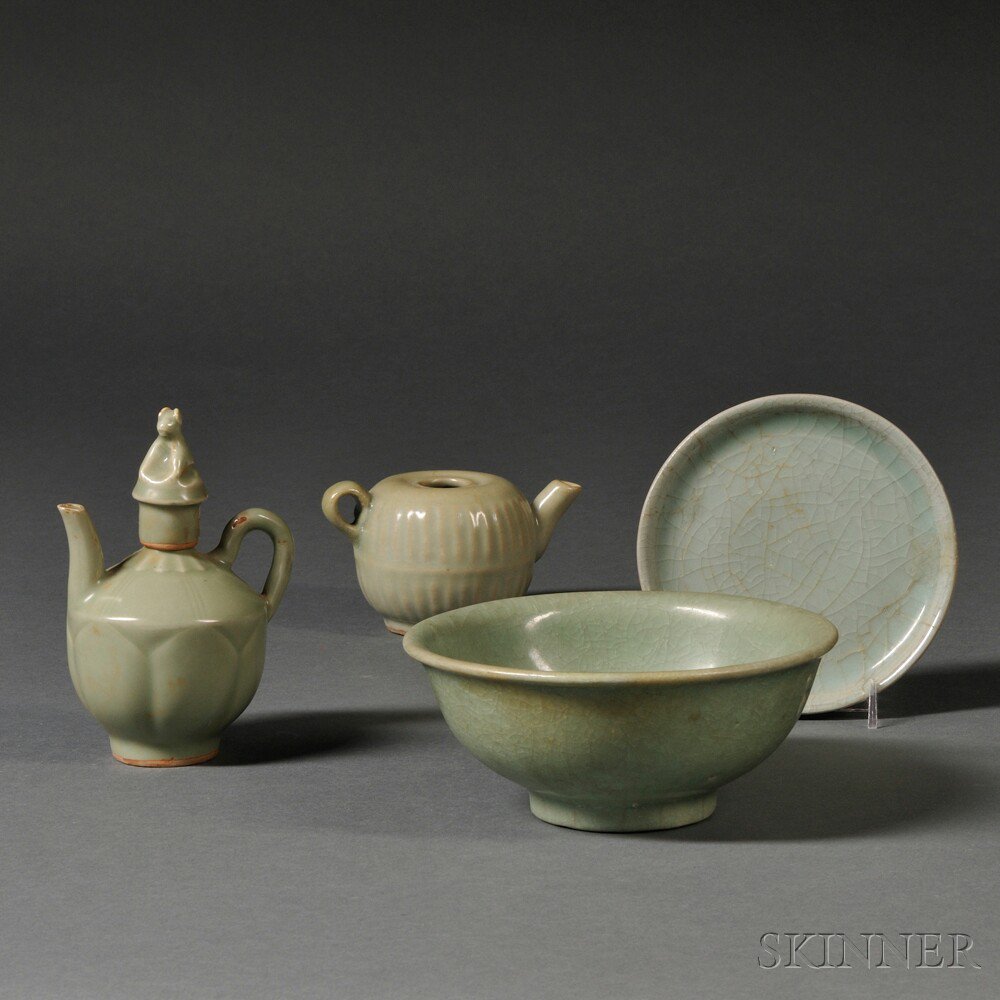 Appraisal: Four Celadon Items China including small ewer with animal-shaped cover