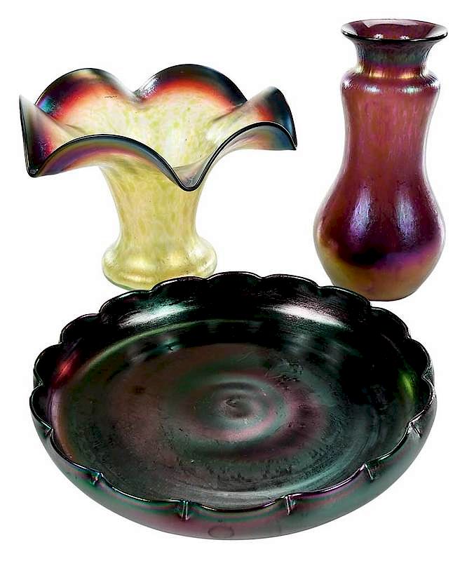 Appraisal: Three Pieces Loetz or Loetz Style Art Glass Continental early