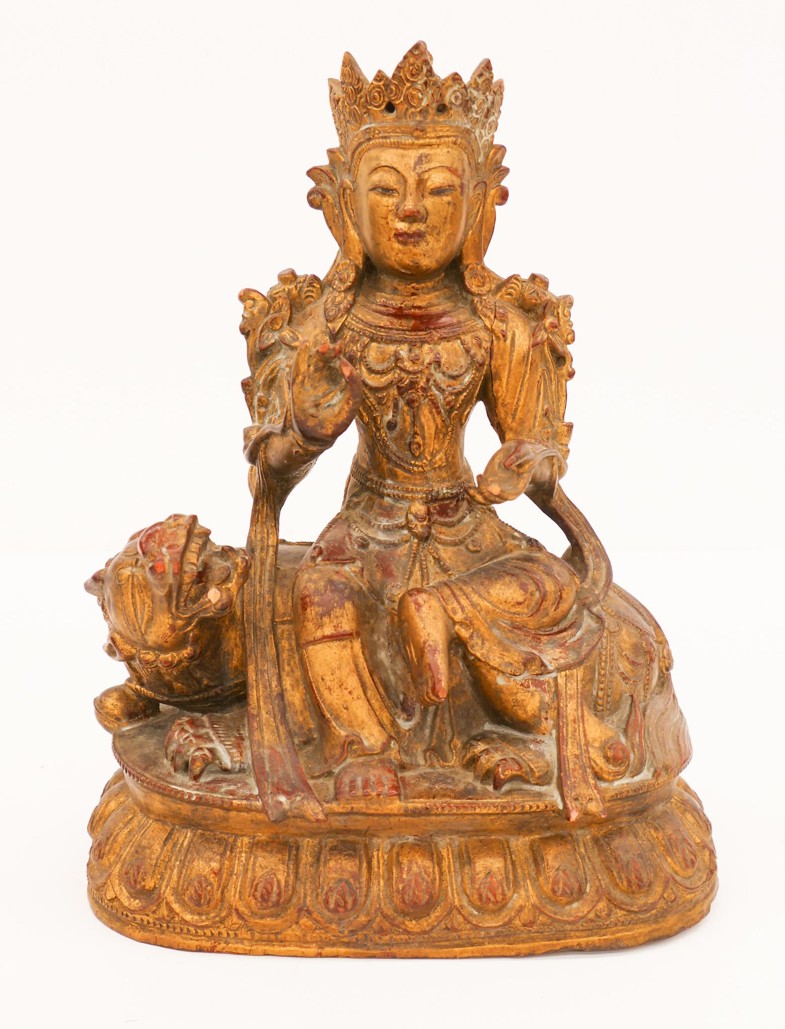 Appraisal: Old Tibetan Gilt Wood Maitreya Buddha Riding a Qilin ''x