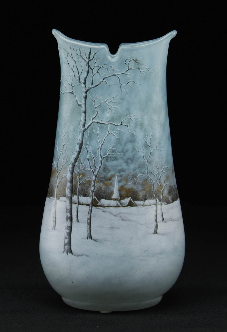 Appraisal: DAUM FRENCH CAMEO VASE Wonderful acid-etched and enameled Dutch winter