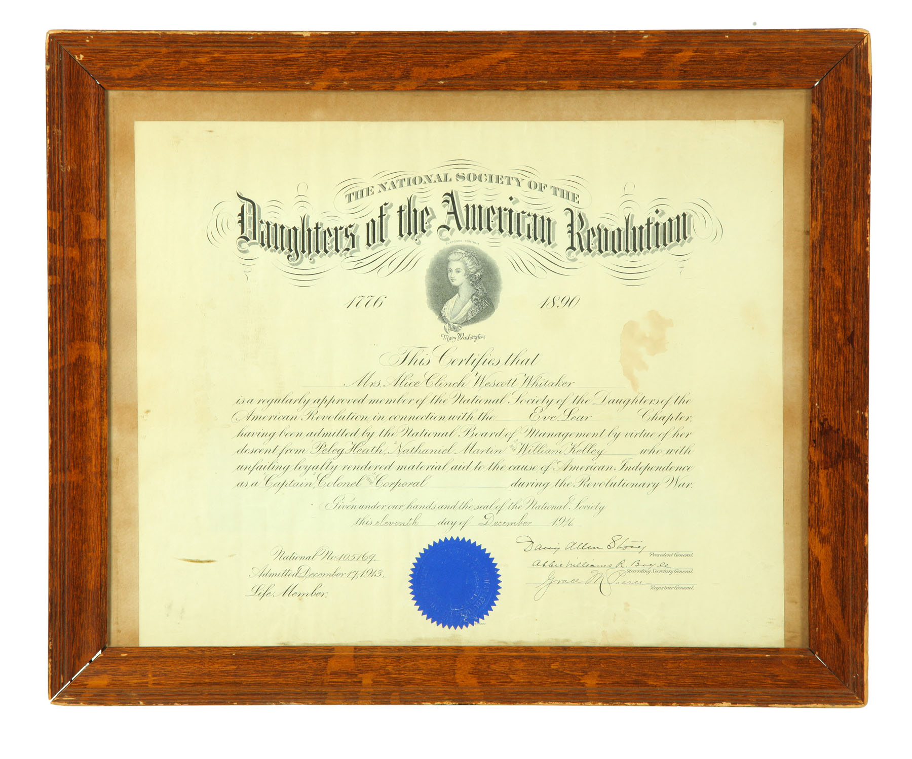 Appraisal: DAUGHTERS OF THE AMERICAN REVOLUTION CERTIFICATE American th century Membership