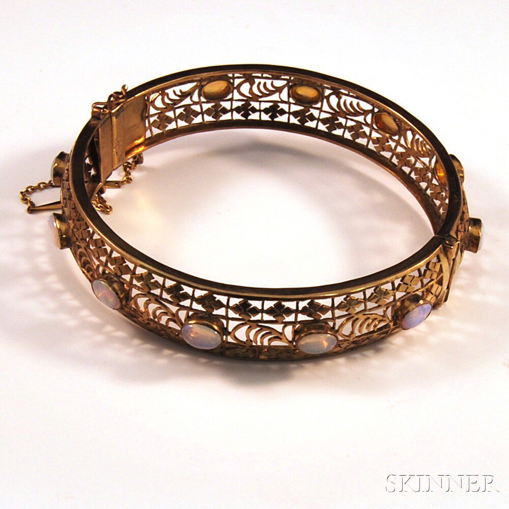 Appraisal: Openwork kt Gold and Opal Hinged Bangle Bracelet the gold