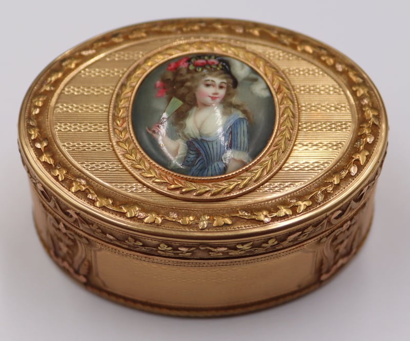 Appraisal: GOLD CONTINENTAL GOLD SNUFF BOX WITH PORTRAIT Miniature Continental kt