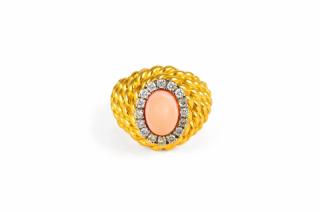 Appraisal: A Gold Coral and Diamond Ring A Gold Coral and