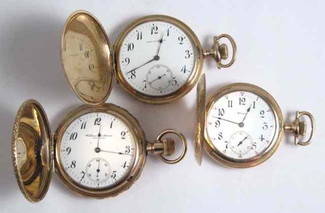 Appraisal: THREE HUNTER CASE POCKET WATCHES Illinois model grade size jewels