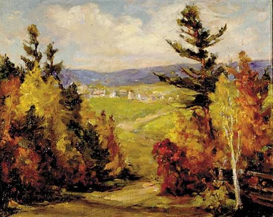 Appraisal: British school th century AUTUMN VIEW FROM HILL TOPoil on