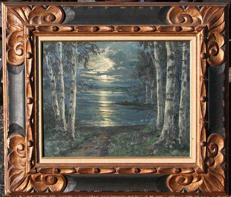 Appraisal: JANUSAS Ceslovas Russia - Nocturnal Lakeside Moonlit Landscape Oil Board