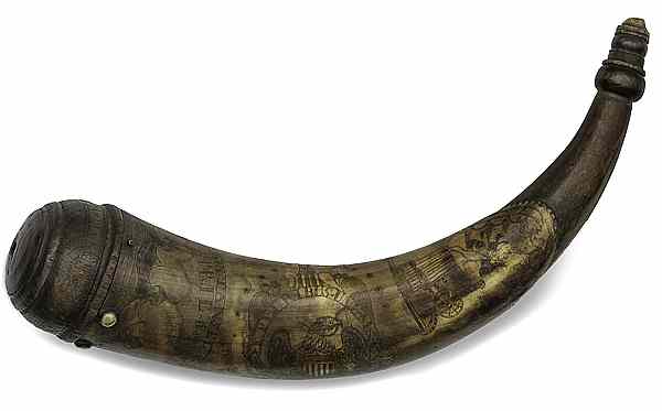 Appraisal: Engraved Powder Horn by John Tansel length Wood base with